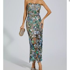Floral Strapless Dress - Blue and Green